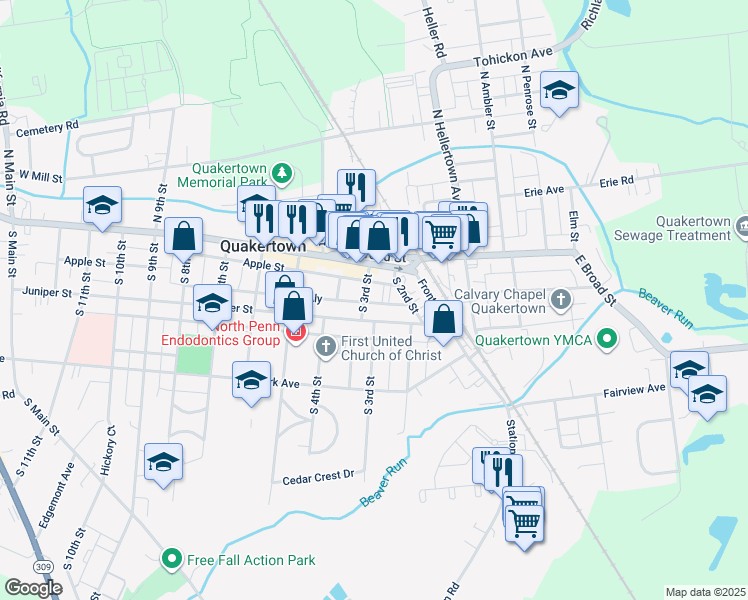 map of restaurants, bars, coffee shops, grocery stores, and more near 30 South 3rd Street in Quakertown