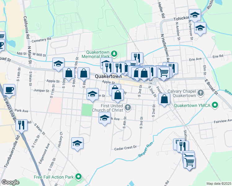 map of restaurants, bars, coffee shops, grocery stores, and more near 501 Juniper Street in Quakertown