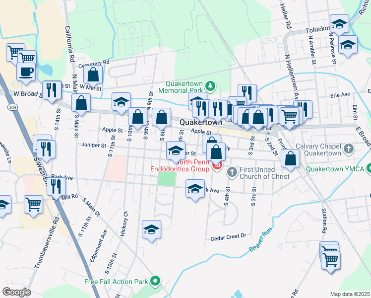 map of restaurants, bars, coffee shops, grocery stores, and more near 701 Juniper Street in Quakertown