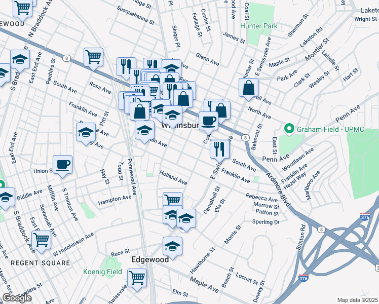 map of restaurants, bars, coffee shops, grocery stores, and more near 925 Franklin Avenue in Pittsburgh
