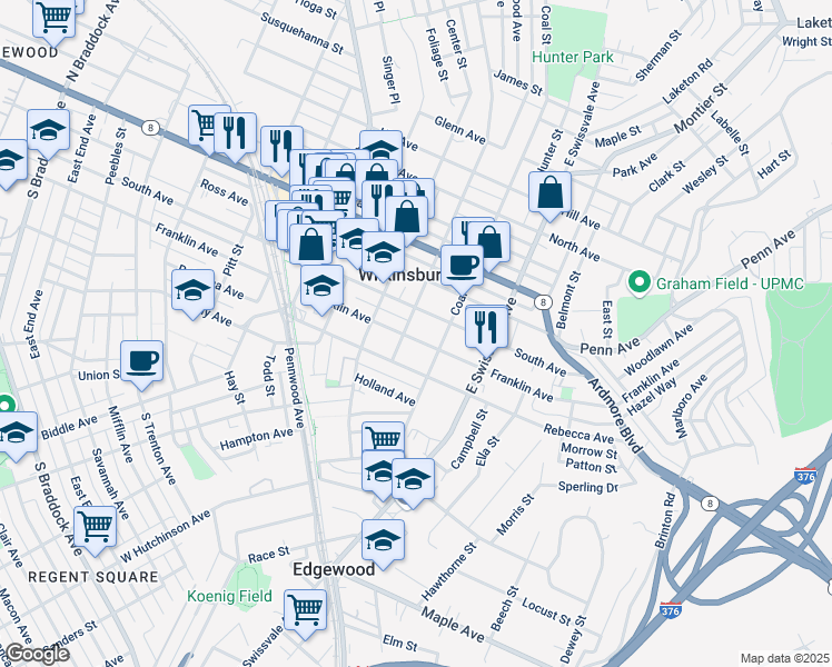 map of restaurants, bars, coffee shops, grocery stores, and more near 925 Franklin Avenue in Pittsburgh