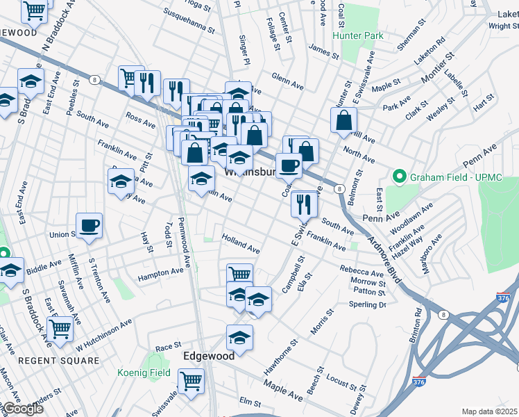 map of restaurants, bars, coffee shops, grocery stores, and more near 925 Franklin Avenue in Pittsburgh