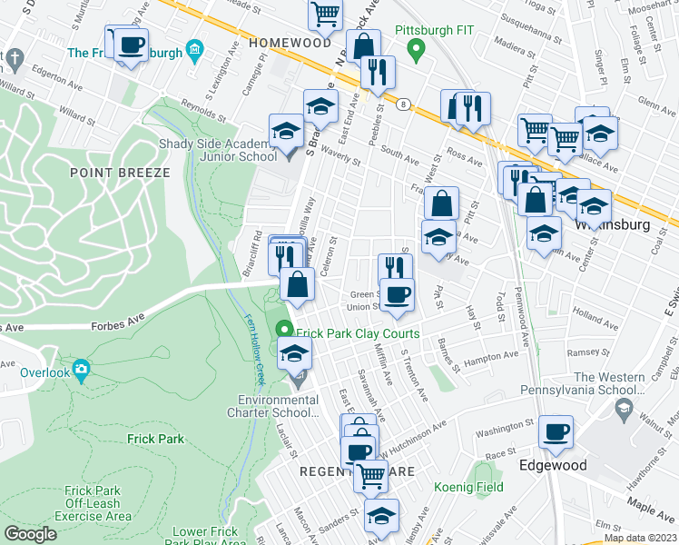 map of restaurants, bars, coffee shops, grocery stores, and more near 545 Peebles Street in Pittsburgh