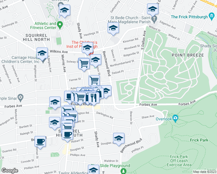 map of restaurants, bars, coffee shops, grocery stores, and more near 1618 Beechwood Boulevard in Pittsburgh