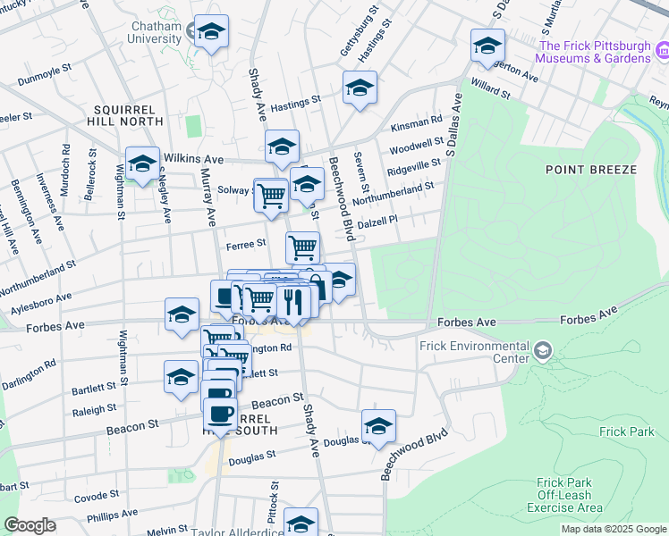 map of restaurants, bars, coffee shops, grocery stores, and more near 1618 Beechwood Boulevard in Pittsburgh