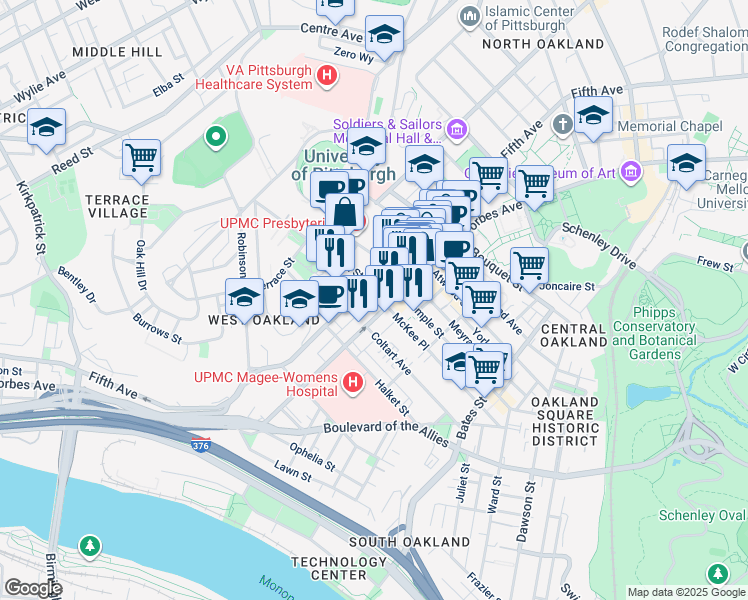 map of restaurants, bars, coffee shops, grocery stores, and more near in Pittsburgh
