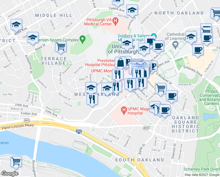 map of restaurants, bars, coffee shops, grocery stores, and more near 205 Chesterfield Road in Pittsburgh