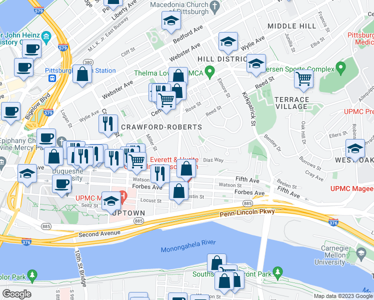 map of restaurants, bars, coffee shops, grocery stores, and more near in Pittsburgh