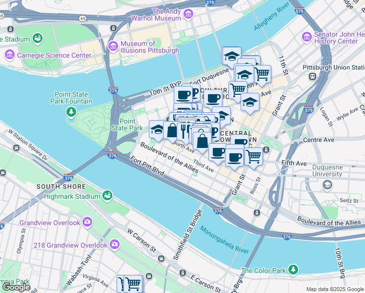 map of restaurants, bars, coffee shops, grocery stores, and more near 3 PPG Place in Pittsburgh