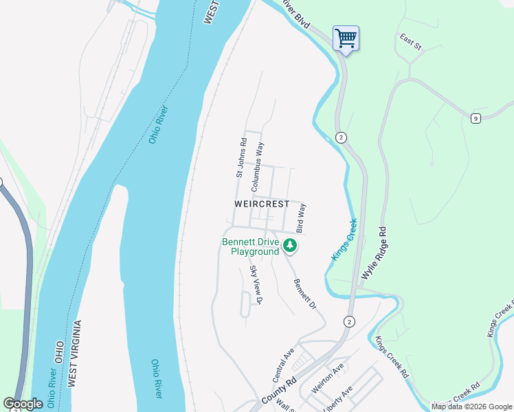 map of restaurants, bars, coffee shops, grocery stores, and more near 129 Columbus Way in Weirton