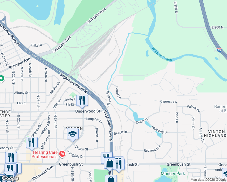 map of restaurants, bars, coffee shops, grocery stores, and more near 3109 Cedar Lane in Lafayette