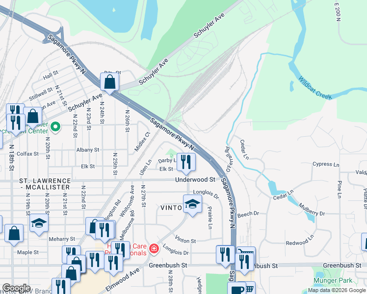 map of restaurants, bars, coffee shops, grocery stores, and more near 2200 Sagamore Parkway North in Lafayette