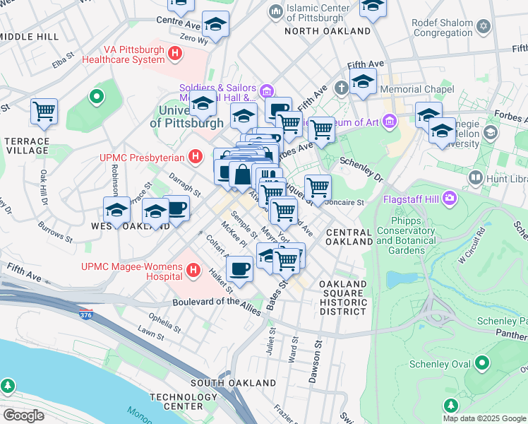 map of restaurants, bars, coffee shops, grocery stores, and more near 238 Atwood Street in Pittsburgh