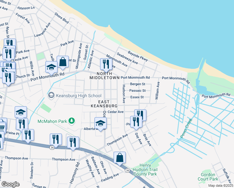 map of restaurants, bars, coffee shops, grocery stores, and more near 47 Shoreland Terrace in Middletown Township