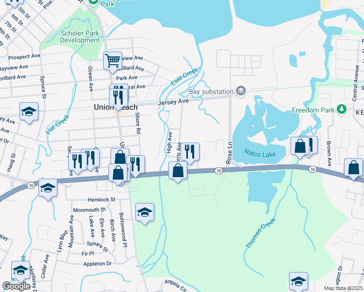 map of restaurants, bars, coffee shops, grocery stores, and more near 1206 Harris Ave in Union Beach