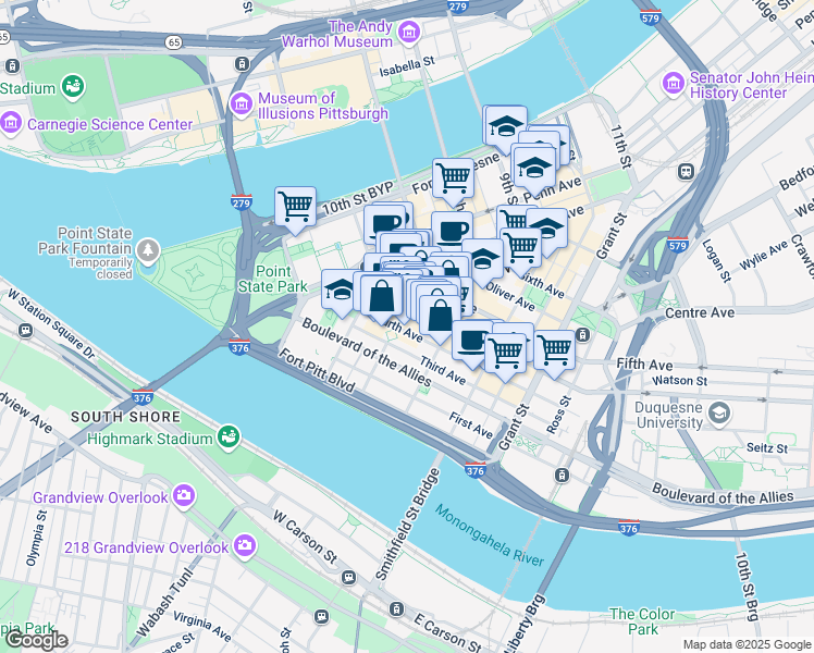 map of restaurants, bars, coffee shops, grocery stores, and more near 209 Fourth Avenue in Pittsburgh