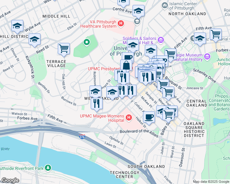 map of restaurants, bars, coffee shops, grocery stores, and more near 205 Chesterfield Road in Pittsburgh
