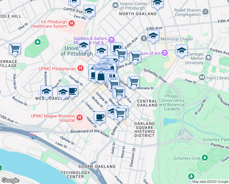 map of restaurants, bars, coffee shops, grocery stores, and more near 253 Atwood Street in Pittsburgh