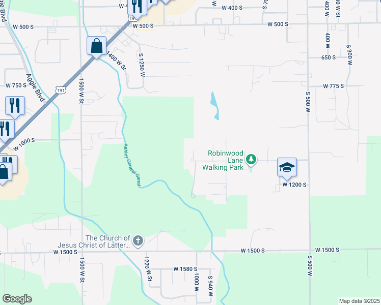 map of restaurants, bars, coffee shops, grocery stores, and more near 990 Robinwood Lane in Vernal