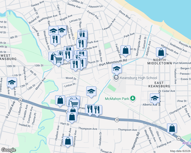 map of restaurants, bars, coffee shops, grocery stores, and more near 29 Williams Avenue in North Middletown