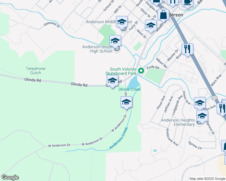 map of restaurants, bars, coffee shops, grocery stores, and more near 20083 Olinda Road in Anderson