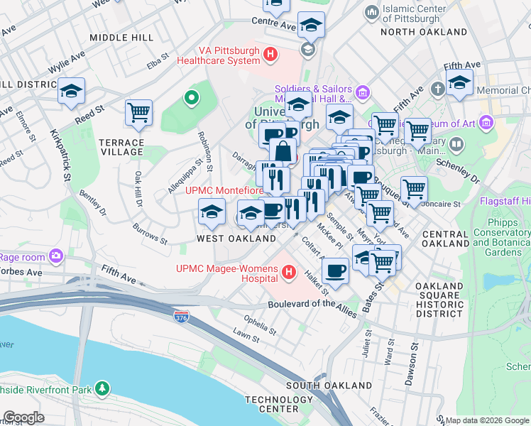map of restaurants, bars, coffee shops, grocery stores, and more near in Pittsburgh