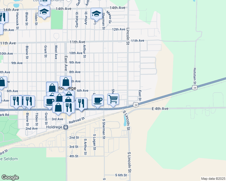 map of restaurants, bars, coffee shops, grocery stores, and more near 1300 6th Avenue in Holdrege