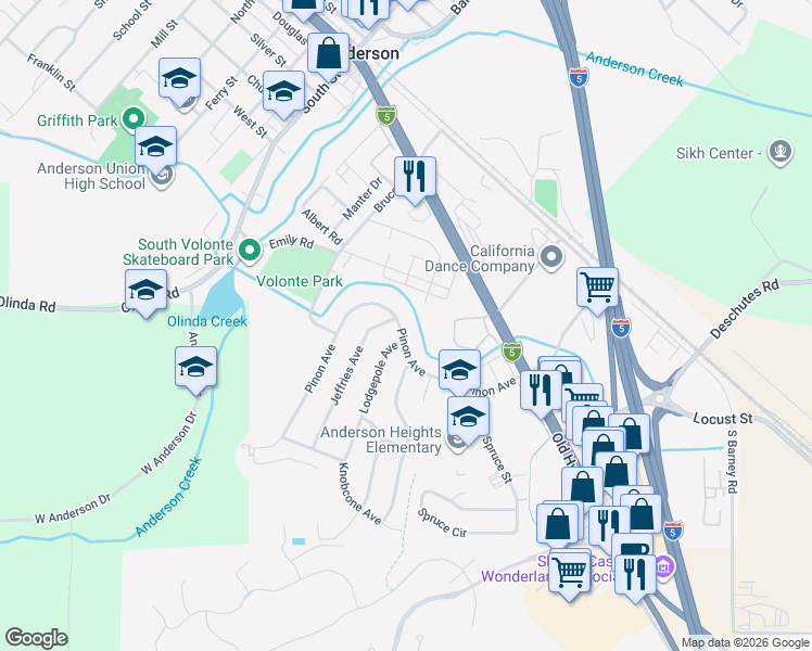 map of restaurants, bars, coffee shops, grocery stores, and more near 1686 Pinon Avenue in Anderson