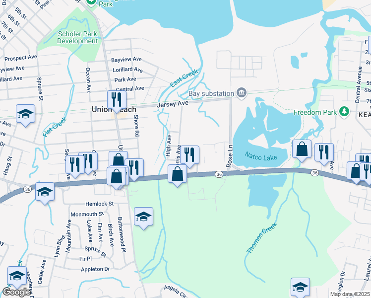 map of restaurants, bars, coffee shops, grocery stores, and more near 1206 Harris Avenue in Union Beach