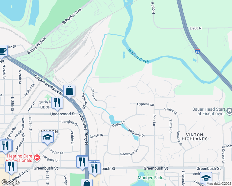 map of restaurants, bars, coffee shops, grocery stores, and more near 62 Peppertree Court in Lafayette