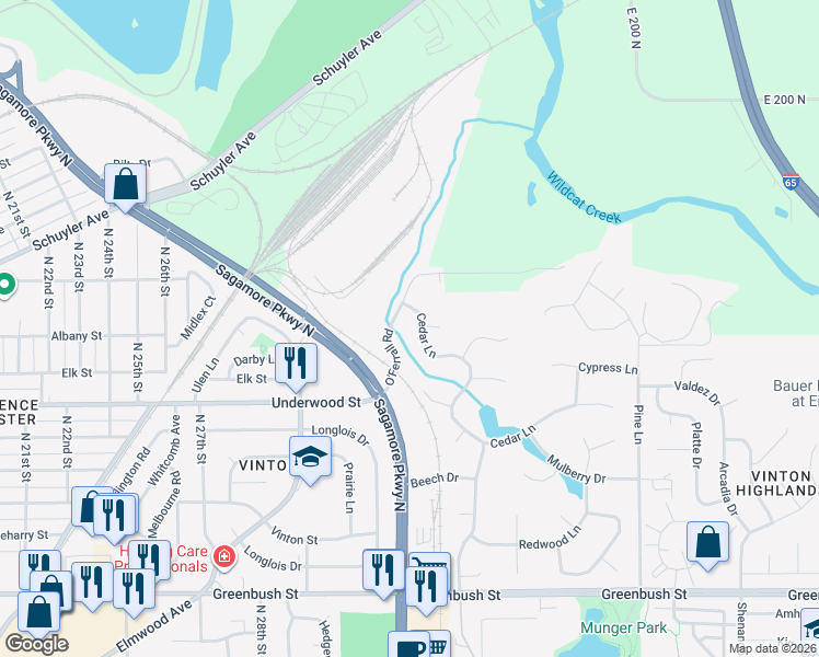 map of restaurants, bars, coffee shops, grocery stores, and more near 3109 Cedar Lane in Lafayette
