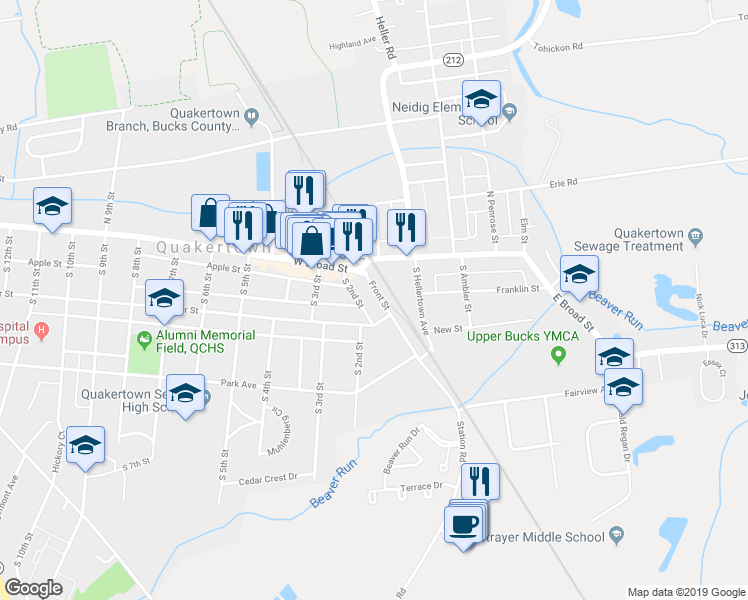 map of restaurants, bars, coffee shops, grocery stores, and more near 28 Front Street in Quakertown