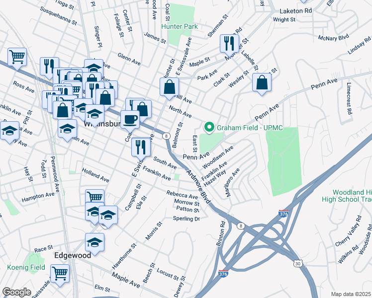 map of restaurants, bars, coffee shops, grocery stores, and more near 128 Angela Drive in Pittsburgh
