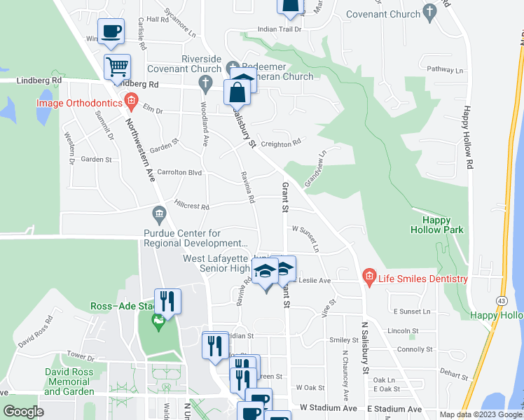 map of restaurants, bars, coffee shops, grocery stores, and more near 1415 North Grant Street in West Lafayette