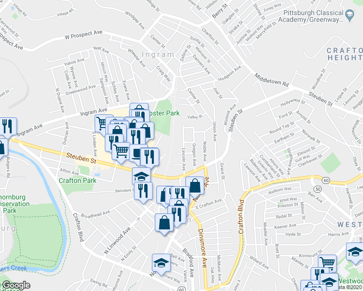 map of restaurants, bars, coffee shops, grocery stores, and more near 57 Lincoln Avenue in Crafton