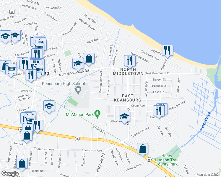 map of restaurants, bars, coffee shops, grocery stores, and more near 230 Atlantic Avenue in Middletown