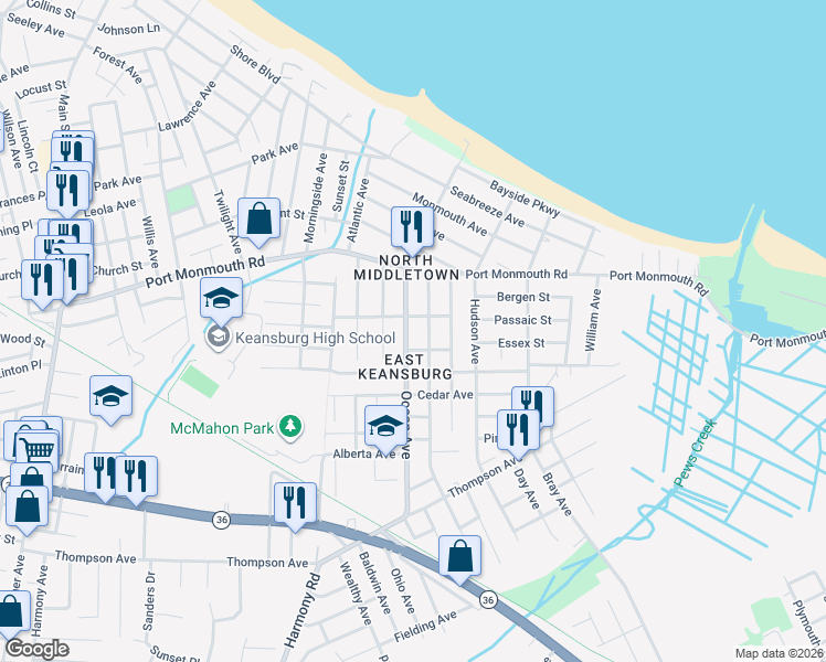 map of restaurants, bars, coffee shops, grocery stores, and more near 124 Ocean Avenue in Middletown