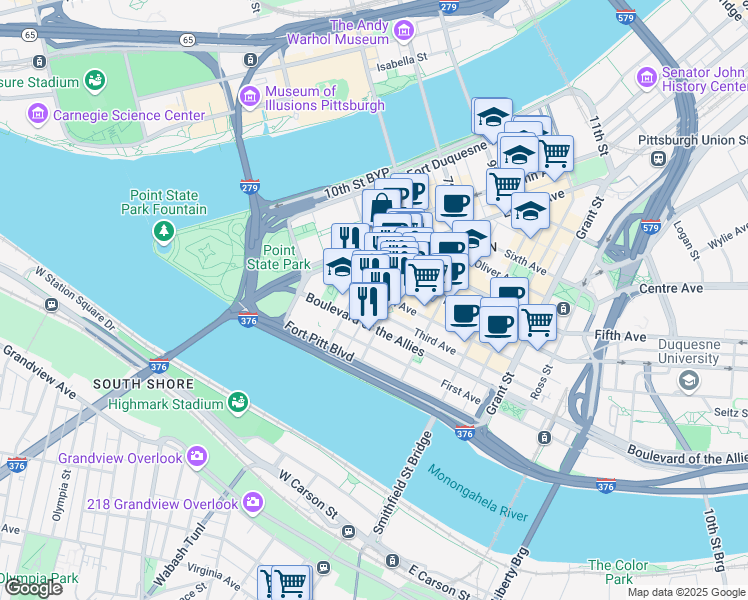 map of restaurants, bars, coffee shops, grocery stores, and more near in Pittsburgh