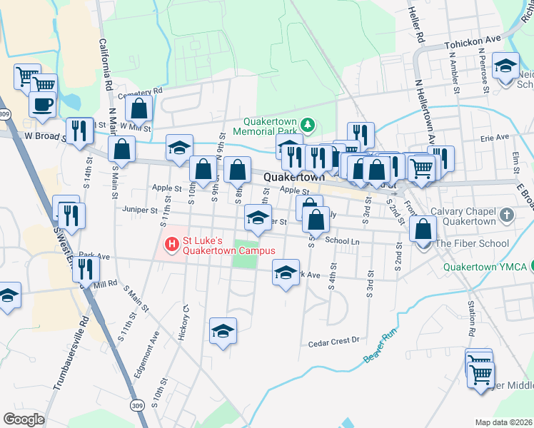 map of restaurants, bars, coffee shops, grocery stores, and more near 701 Juniper Street in Quakertown