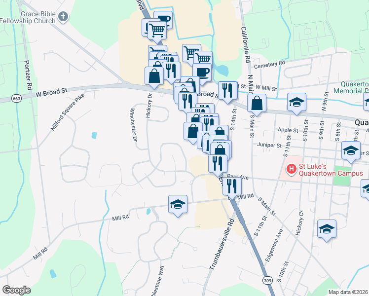 map of restaurants, bars, coffee shops, grocery stores, and more near 96 Braithwaite Lane in Quakertown