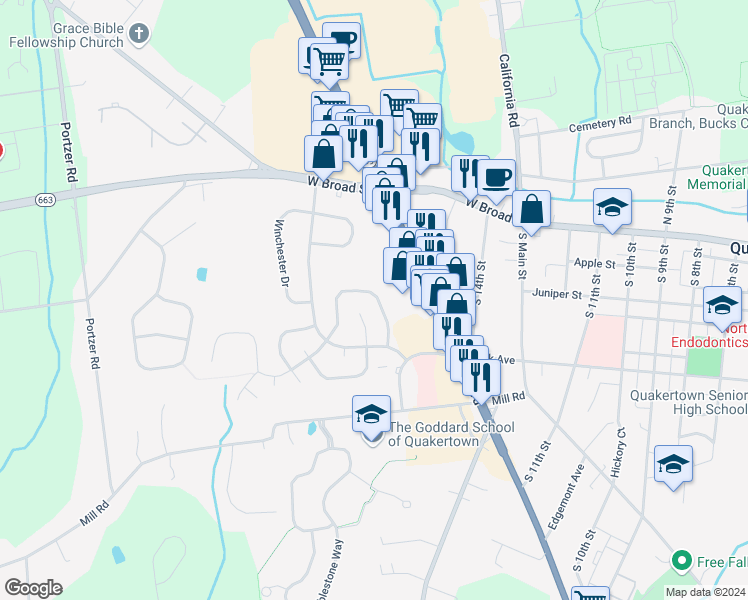 map of restaurants, bars, coffee shops, grocery stores, and more near 108 Braithwaite Lane in Quakertown