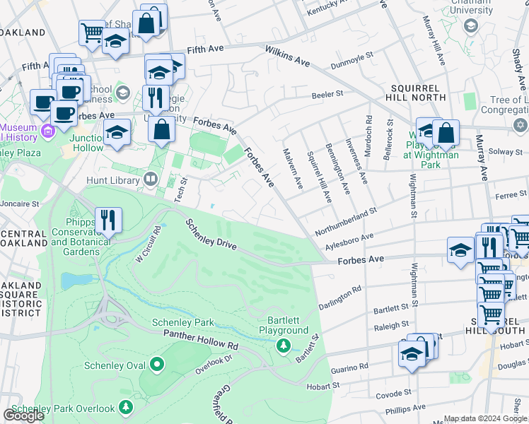 map of restaurants, bars, coffee shops, grocery stores, and more near 303 Schenley Road in Pittsburgh