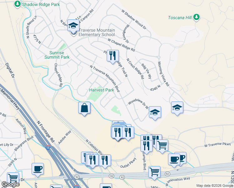 map of restaurants, bars, coffee shops, grocery stores, and more near 2180 Crestview Drive in Lehi