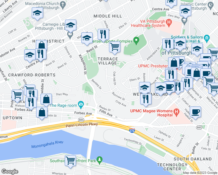 map of restaurants, bars, coffee shops, grocery stores, and more near 309 Burrows Street in Pittsburgh