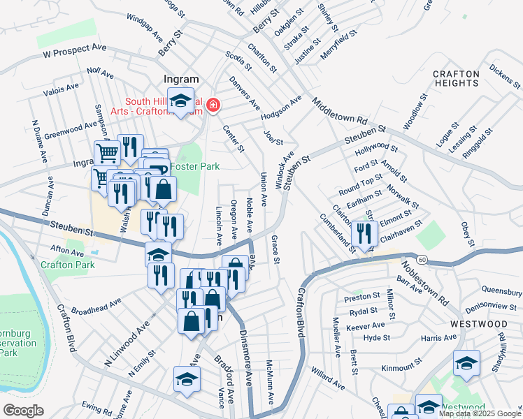 map of restaurants, bars, coffee shops, grocery stores, and more near 93 Union Avenue in Crafton