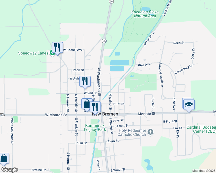 map of restaurants, bars, coffee shops, grocery stores, and more near 209 North Walnut Street in New Bremen