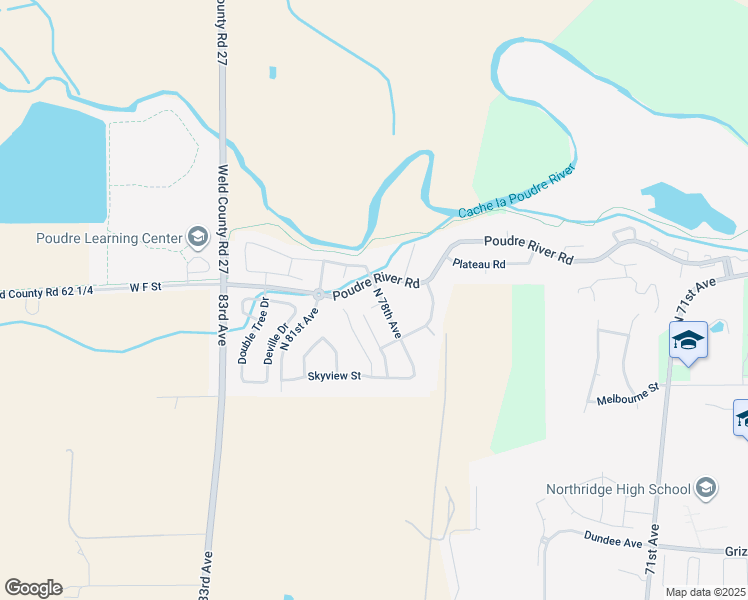 map of restaurants, bars, coffee shops, grocery stores, and more near 523 North 78th Avenue in Greeley