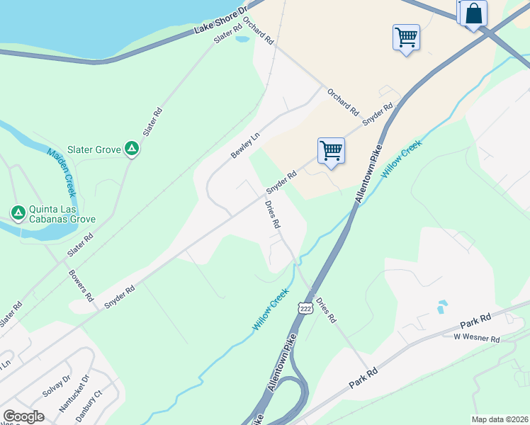 map of restaurants, bars, coffee shops, grocery stores, and more near 130 Dries Road in Reading