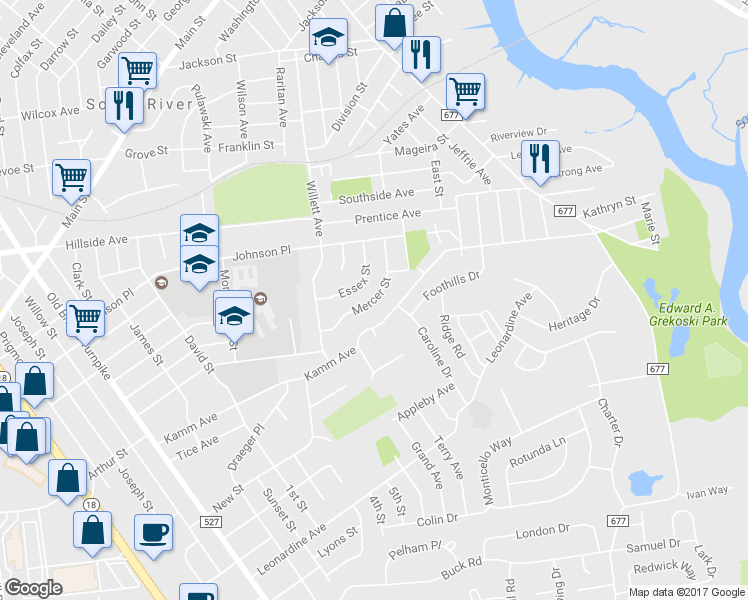 map of restaurants, bars, coffee shops, grocery stores, and more near 46 Mercer Street in South River