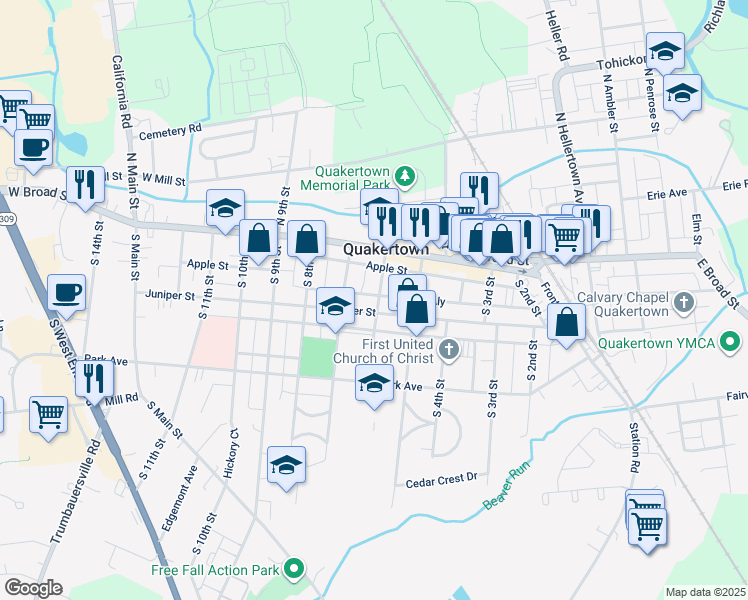 map of restaurants, bars, coffee shops, grocery stores, and more near 601 Juniper Street in Quakertown